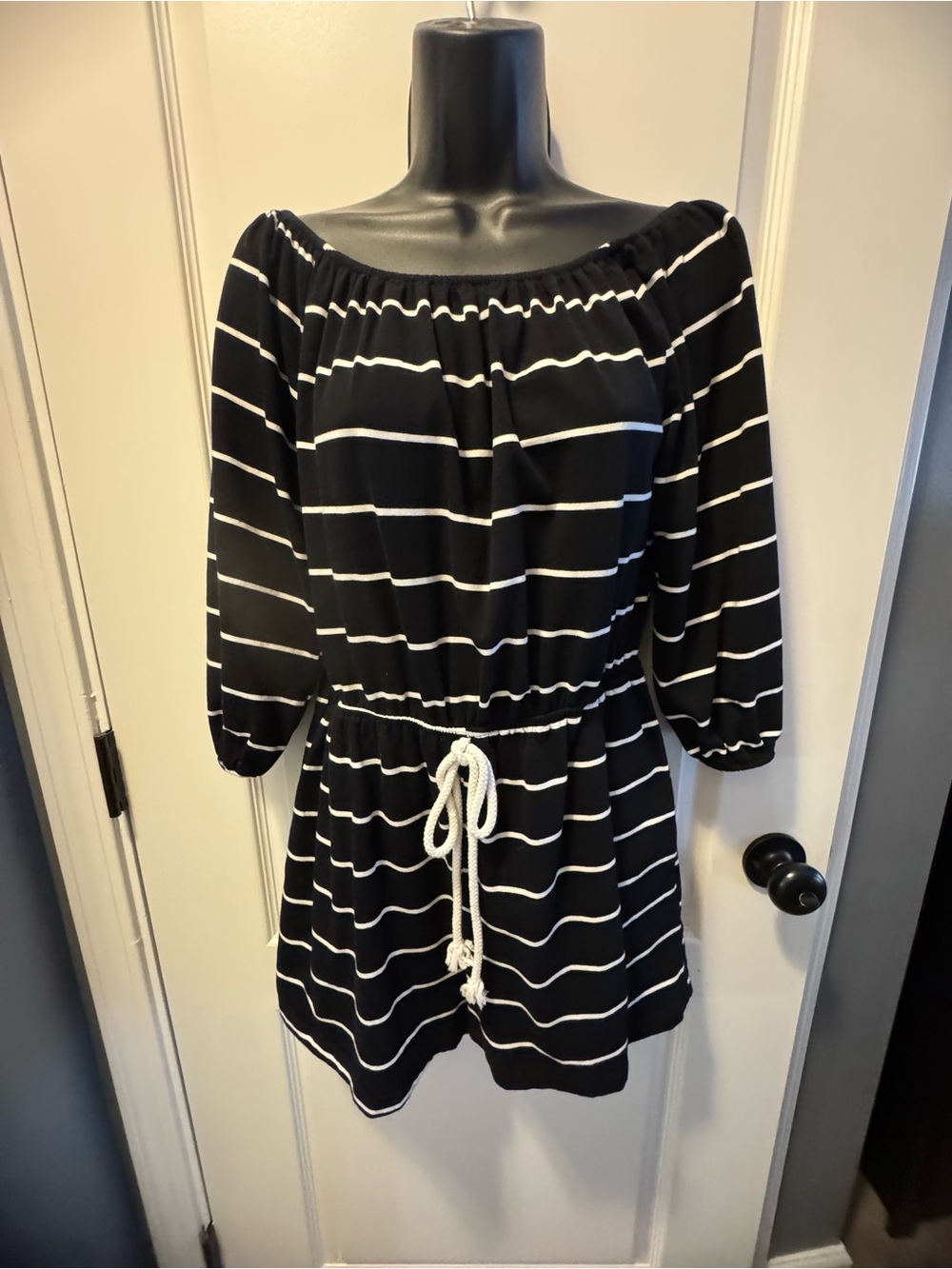 Romper in navy with white stripes